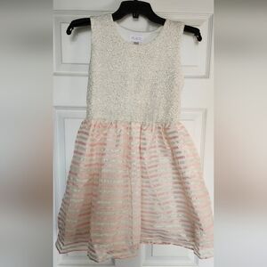 Childrens Place Ivory and Pink Striped Kids Dress - Size 10/12 L